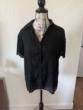 Black Textured Short Sleeve Button-Up Blouse